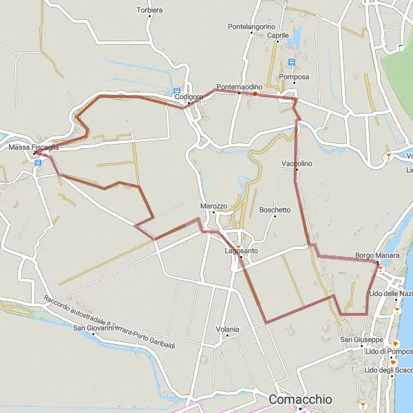 Miniaturní mapa "Cyklistická trasa okolo Massa Fiscaglia" inspirace pro cyklisty v oblasti Emilia-Romagna, Italy. Vytvořeno pomocí plánovače tras Tarmacs.app