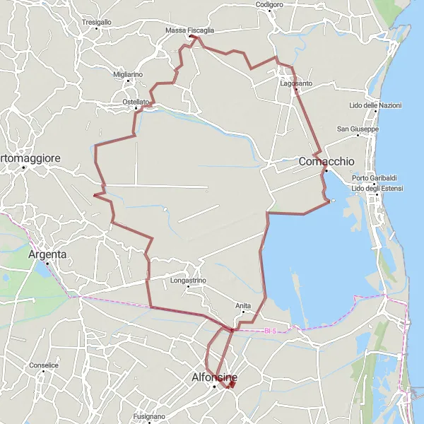 Mapa miniatúra "Gravel - Dobrodružná okružná trasa cez Lagosanto a Ostellato" cyklistická inšpirácia v Emilia-Romagna, Italy. Vygenerované cyklistickým plánovačom trás Tarmacs.app