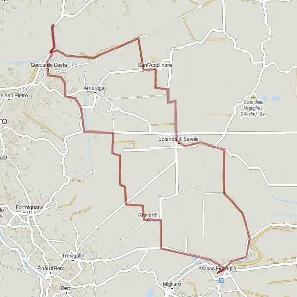Zemljevid v pomanjšavi "Po poteh Jolande di Savoia" kolesarske inspiracije v Emilia-Romagna, Italy. Generirano z načrtovalcem kolesarskih poti Tarmacs.app