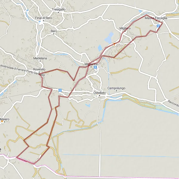 Mapa miniatúra "Gravel - Zaujímavá cyklistická trasa cez Migliaro a Dogato" cyklistická inšpirácia v Emilia-Romagna, Italy. Vygenerované cyklistickým plánovačom trás Tarmacs.app