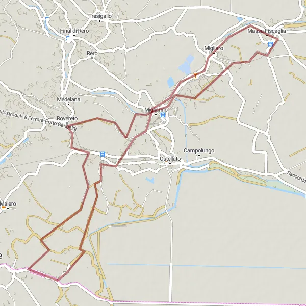 Karttaminiaatyyri "Seikkailu Migliaron maastoissa" pyöräilyinspiraatiosta alueella Emilia-Romagna, Italy. Luotu Tarmacs.app pyöräilyreittisuunnittelijalla