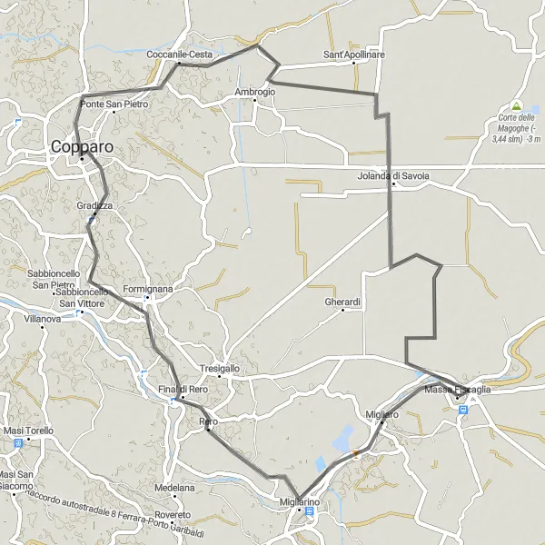 Miniature de la carte de l'inspiration cycliste "Le Circuit de Migliaro et Copparo" dans la Emilia-Romagna, Italy. Générée par le planificateur d'itinéraire cycliste Tarmacs.app