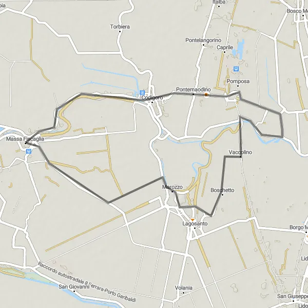 Mapa miniatúra "Road - Scenická cyklotrasa cez Codigoro a Vaccolino" cyklistická inšpirácia v Emilia-Romagna, Italy. Vygenerované cyklistickým plánovačom trás Tarmacs.app