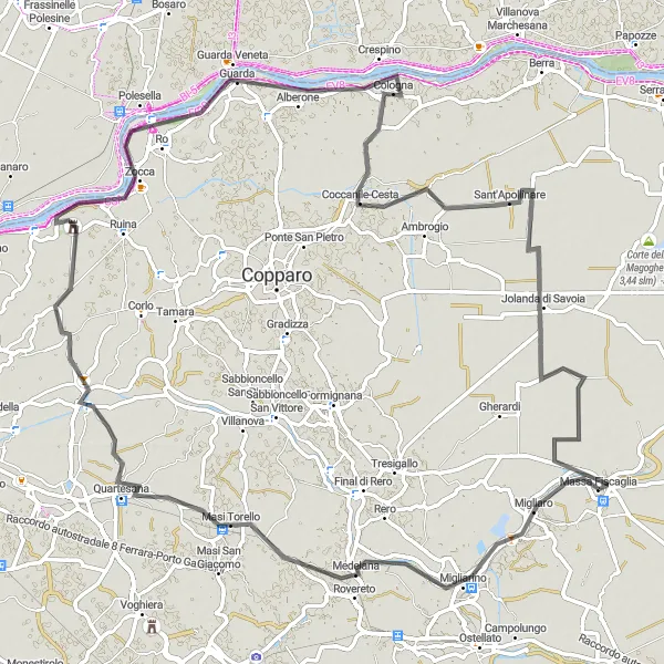 Mapa miniatúra "Cyklistický okruh z Migliaro do Jolanda di Savoia" cyklistická inšpirácia v Emilia-Romagna, Italy. Vygenerované cyklistickým plánovačom trás Tarmacs.app