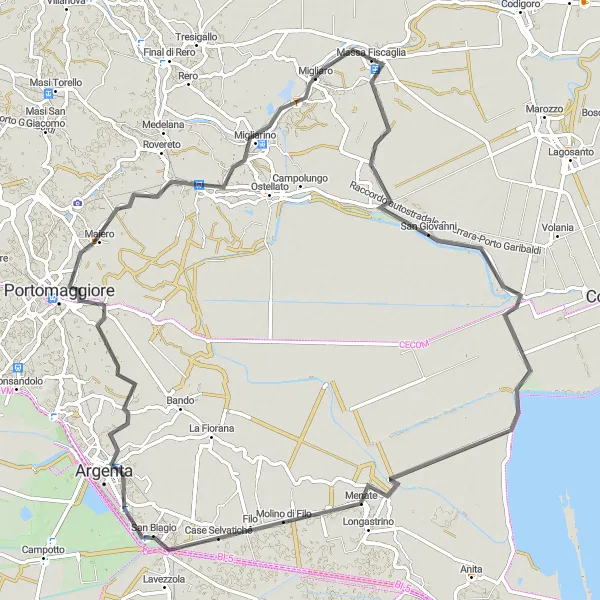 Zemljevid v pomanjšavi "Kolesarska pot Menate-Argenta-Portomaggiore-Migliarino" kolesarske inspiracije v Emilia-Romagna, Italy. Generirano z načrtovalcem kolesarskih poti Tarmacs.app
