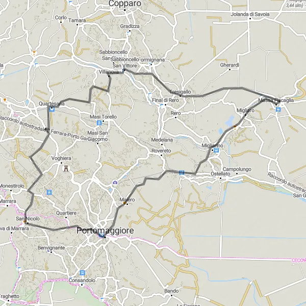 Miniature de la carte de l'inspiration cycliste "Le Tour de Migliarino et Portomaggiore" dans la Emilia-Romagna, Italy. Générée par le planificateur d'itinéraire cycliste Tarmacs.app