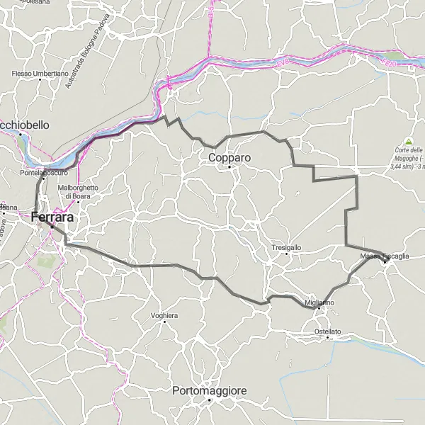 Zemljevid v pomanjšavi "Kolesarski izziv v okolici Massa Fiscaglia" kolesarske inspiracije v Emilia-Romagna, Italy. Generirano z načrtovalcem kolesarskih poti Tarmacs.app