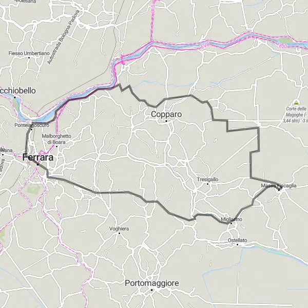 Miniatura della mappa di ispirazione al ciclismo "Avventura ciclistica da Migliaro a Jolanda di Savoia" nella regione di Emilia-Romagna, Italy. Generata da Tarmacs.app, pianificatore di rotte ciclistiche