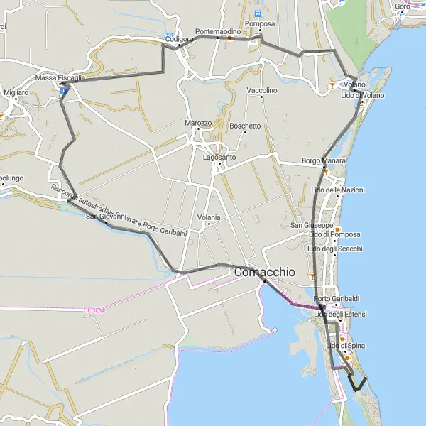 Map miniature of "Delta dunes and coastal towns" cycling inspiration in Emilia-Romagna, Italy. Generated by Tarmacs.app cycling route planner