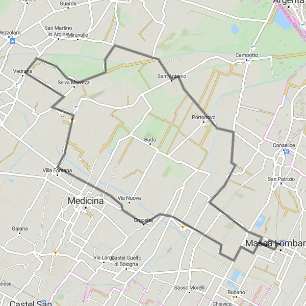 Map miniature of "Massa Lombarda to Villa Fontana via Vedrana" cycling inspiration in Emilia-Romagna, Italy. Generated by Tarmacs.app cycling route planner