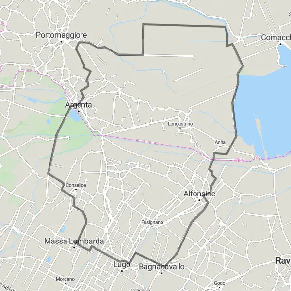 Miniatua del mapa de inspiración ciclista "Ruta de ciclismo por carretera desde Massa Lombarda" en Emilia-Romagna, Italy. Generado por Tarmacs.app planificador de rutas ciclistas