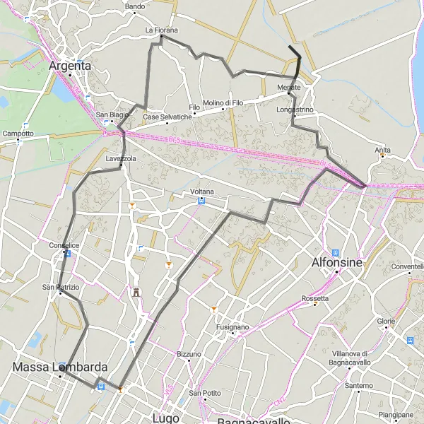 Miniatura della mappa di ispirazione al ciclismo "Avventura ciclistica tra Conselice e Sant'Agata sul Santerno" nella regione di Emilia-Romagna, Italy. Generata da Tarmacs.app, pianificatore di rotte ciclistiche