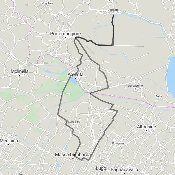 Map miniature of "Massa Lombarda-Ostellato Adventure" cycling inspiration in Emilia-Romagna, Italy. Generated by Tarmacs.app cycling route planner