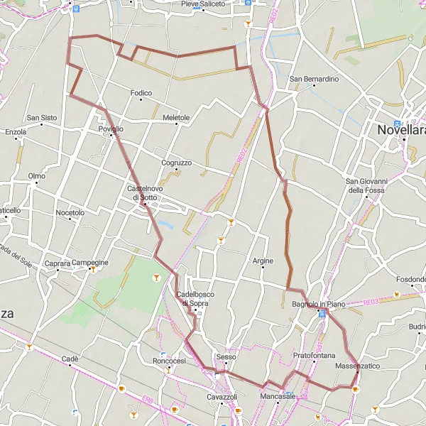 Miniature de la carte de l'inspiration cycliste "Tour des Chemins de Terre de la Plaine de Modène" dans la Emilia-Romagna, Italy. Générée par le planificateur d'itinéraire cycliste Tarmacs.app