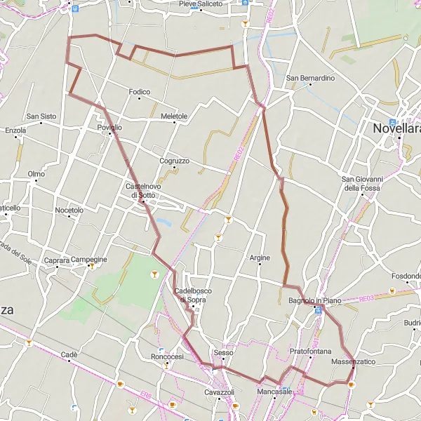 Miniatura della mappa di ispirazione al ciclismo "Tour in bicicletta tra Cadelbosco di Sopra e Bagnolo in Piano" nella regione di Emilia-Romagna, Italy. Generata da Tarmacs.app, pianificatore di rotte ciclistiche