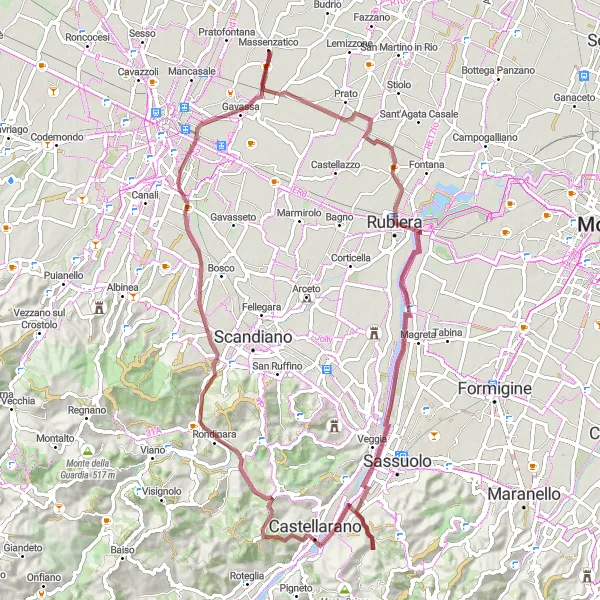 Miniaturekort af cykelinspirationen "Grusvejscykelrute fra Massenzatico" i Emilia-Romagna, Italy. Genereret af Tarmacs.app cykelruteplanlægger