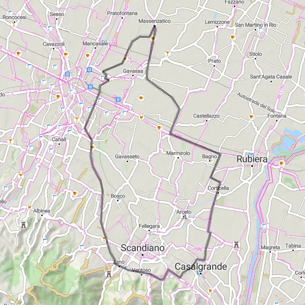 Miniature de la carte de l'inspiration cycliste "Parcours panoramique autour de Massenzatico" dans la Emilia-Romagna, Italy. Générée par le planificateur d'itinéraire cycliste Tarmacs.app