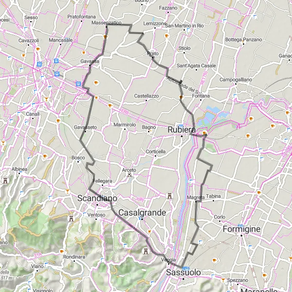 Zemljevid v pomanjšavi "Vznemirljivo kolesarjenje v bližini Massenzatico" kolesarske inspiracije v Emilia-Romagna, Italy. Generirano z načrtovalcem kolesarskih poti Tarmacs.app