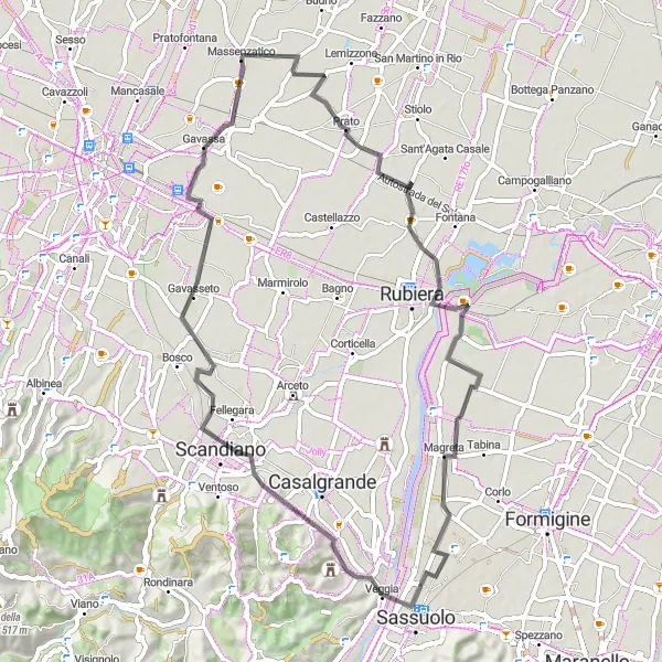 Karttaminiaatyyri "Massenzatico - Gazzata - Veggia - Monte della Vigna - Gavassa - Massenzatico" pyöräilyinspiraatiosta alueella Emilia-Romagna, Italy. Luotu Tarmacs.app pyöräilyreittisuunnittelijalla