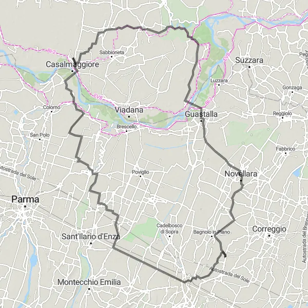 Zemljevid v pomanjšavi "Potepanje po gričevju z razgledom na pokrajino" kolesarske inspiracije v Emilia-Romagna, Italy. Generirano z načrtovalcem kolesarskih poti Tarmacs.app