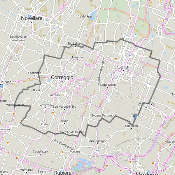 Zemljevid v pomanjšavi "Kolesarska pot po cestah blizu Massenzatico" kolesarske inspiracije v Emilia-Romagna, Italy. Generirano z načrtovalcem kolesarskih poti Tarmacs.app
