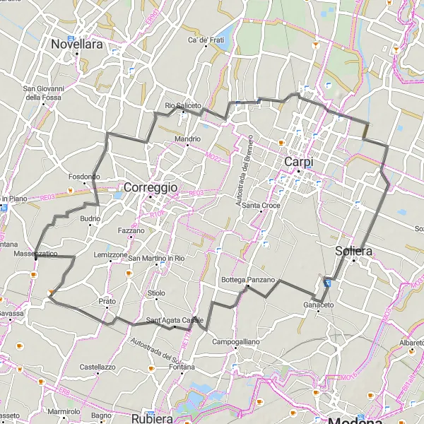 Karttaminiaatyyri "Massenzatico - Canolo - San Marino di Carpi - Gazzata - Massenzatico" pyöräilyinspiraatiosta alueella Emilia-Romagna, Italy. Luotu Tarmacs.app pyöräilyreittisuunnittelijalla