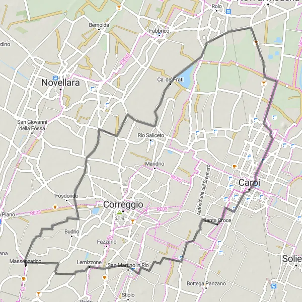 Zemljevid v pomanjšavi "Kolesarska pot okoli Massenzatica" kolesarske inspiracije v Emilia-Romagna, Italy. Generirano z načrtovalcem kolesarskih poti Tarmacs.app