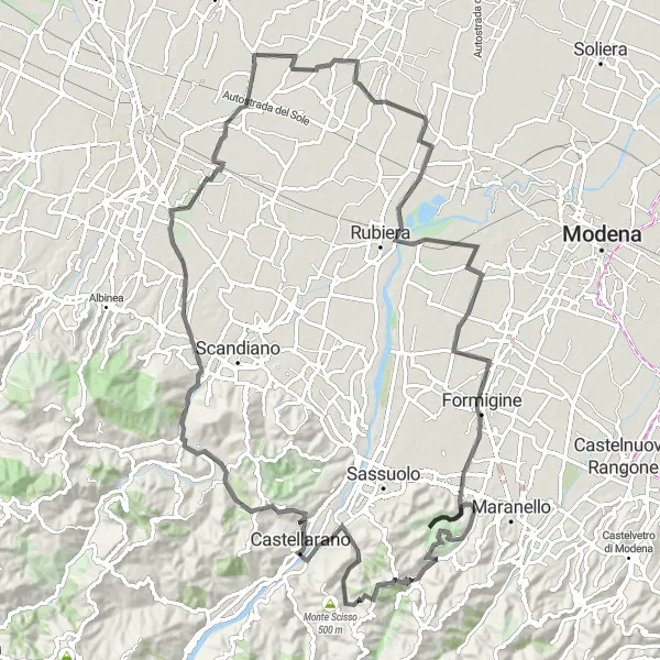 Mapa miniatúra "Cyklistická trasa kolem Massenzatico - Road" cyklistická inšpirácia v Emilia-Romagna, Italy. Vygenerované cyklistickým plánovačom trás Tarmacs.app