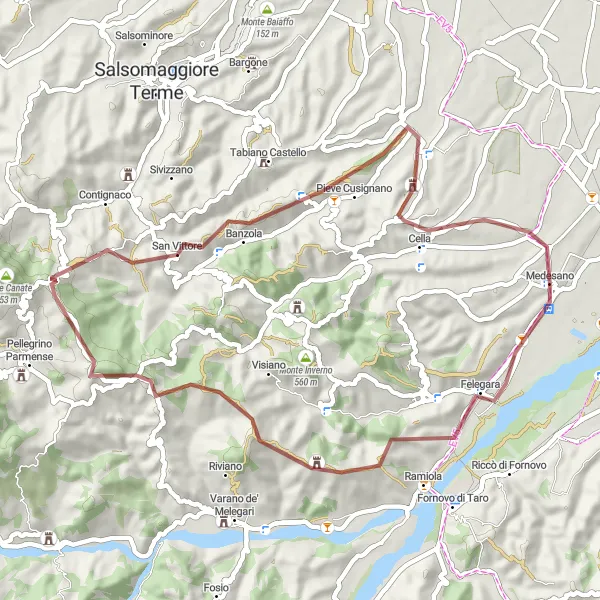 Map miniature of "Medesano-Roccalanzona Loop" cycling inspiration in Emilia-Romagna, Italy. Generated by Tarmacs.app cycling route planner