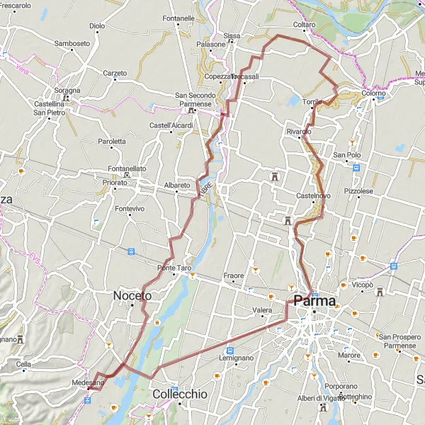 Miniaturní mapa "Gravelový okruh kolem Medesana: Noceto až Medesano" inspirace pro cyklisty v oblasti Emilia-Romagna, Italy. Vytvořeno pomocí plánovače tras Tarmacs.app