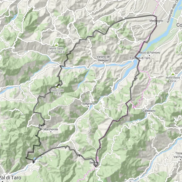 Zemljevid v pomanjšavi "Ekstremna kolesarska tura od Medesana do Monte Calva" kolesarske inspiracije v Emilia-Romagna, Italy. Generirano z načrtovalcem kolesarskih poti Tarmacs.app