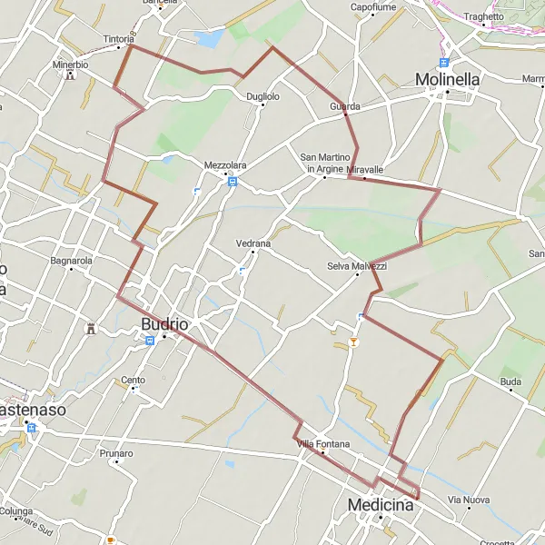 Miniaturní mapa "Gravelová cyklotrasa Budrio - Durazzo" inspirace pro cyklisty v oblasti Emilia-Romagna, Italy. Vytvořeno pomocí plánovače tras Tarmacs.app