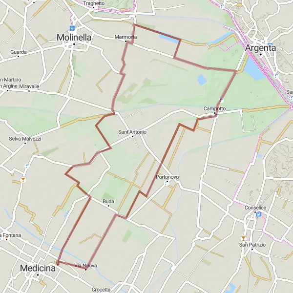 Miniatua del mapa de inspiración ciclista "Ruta de Grava Medicina-Marmorta" en Emilia-Romagna, Italy. Generado por Tarmacs.app planificador de rutas ciclistas