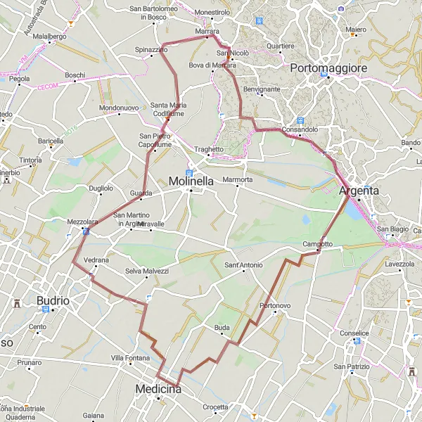 Miniature de la carte de l'inspiration cycliste "Les collines de Medicina-Buda" dans la Emilia-Romagna, Italy. Générée par le planificateur d'itinéraire cycliste Tarmacs.app