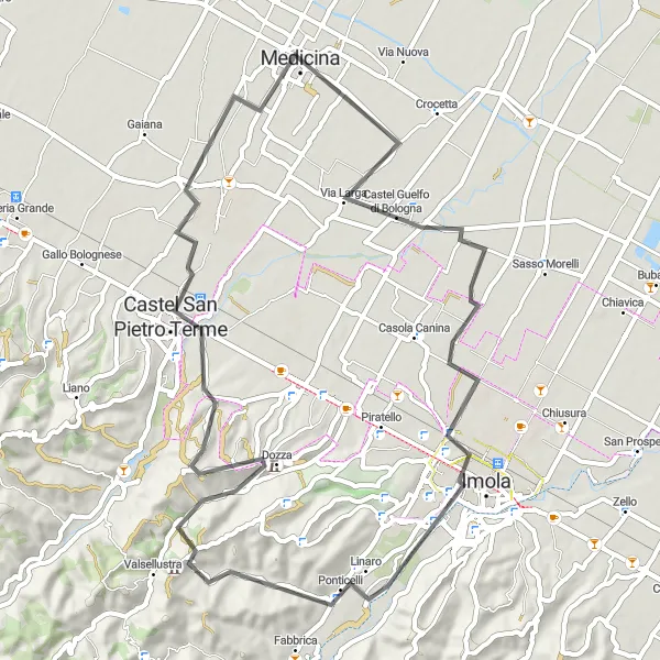 Miniatura della mappa di ispirazione al ciclismo "Dai colli di Bologna alle terme di Castel San Pietro Terme" nella regione di Emilia-Romagna, Italy. Generata da Tarmacs.app, pianificatore di rotte ciclistiche