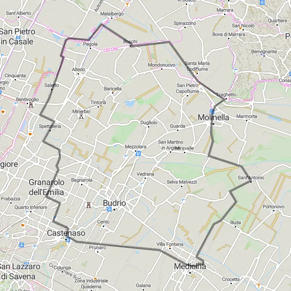 Miniatura della mappa di ispirazione al ciclismo "Giro in bici da Medicina a Buda" nella regione di Emilia-Romagna, Italy. Generata da Tarmacs.app, pianificatore di rotte ciclistiche