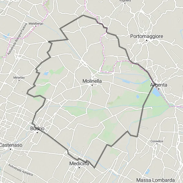 Map miniature of "Road Tour of Budrio" cycling inspiration in Emilia-Romagna, Italy. Generated by Tarmacs.app cycling route planner