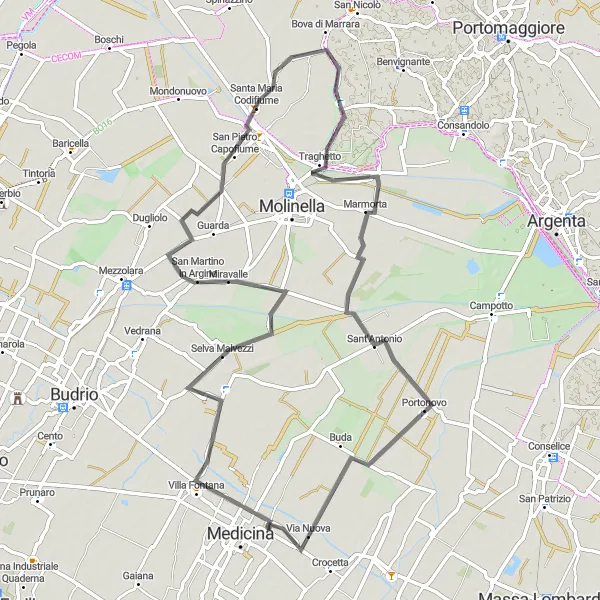 Karten-Miniaturansicht der Radinspiration "Malersiche Radtour von Medicina nach Buda" in Emilia-Romagna, Italy. Erstellt vom Tarmacs.app-Routenplaner für Radtouren