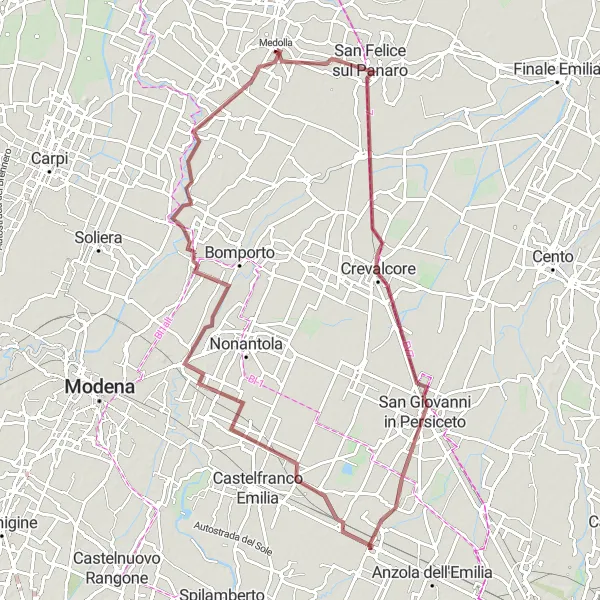 Miniatura della mappa di ispirazione al ciclismo "Percorso gravel da Medolla a Crevalcore e Navicello" nella regione di Emilia-Romagna, Italy. Generata da Tarmacs.app, pianificatore di rotte ciclistiche