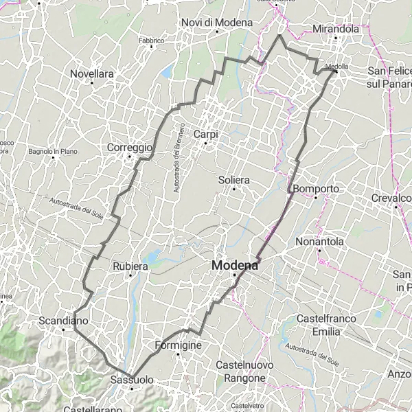 Miniatura mapy "Trasa do Modena i z powrotem" - trasy rowerowej w Emilia-Romagna, Italy. Wygenerowane przez planer tras rowerowych Tarmacs.app