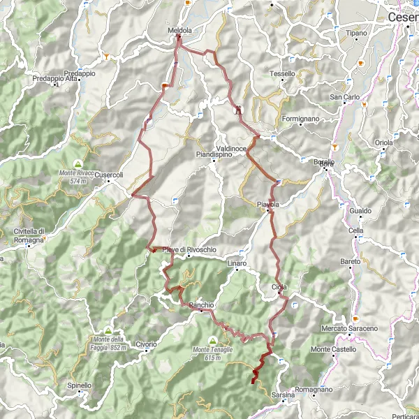 Map miniature of "Meldola Gravel Adventure" cycling inspiration in Emilia-Romagna, Italy. Generated by Tarmacs.app cycling route planner