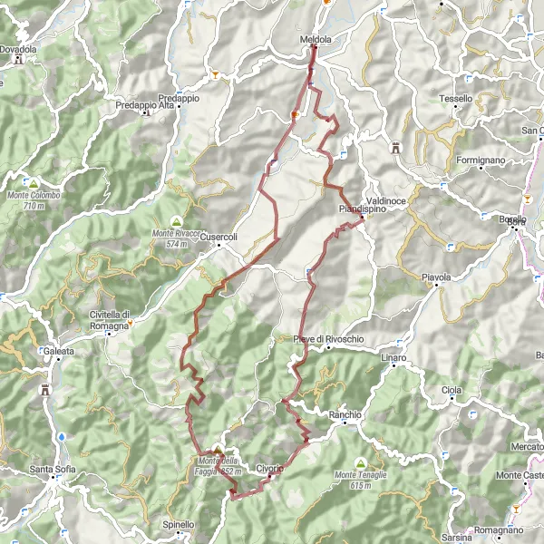 Miniatua del mapa de inspiración ciclista "Ruta de Grava en Meldola" en Emilia-Romagna, Italy. Generado por Tarmacs.app planificador de rutas ciclistas