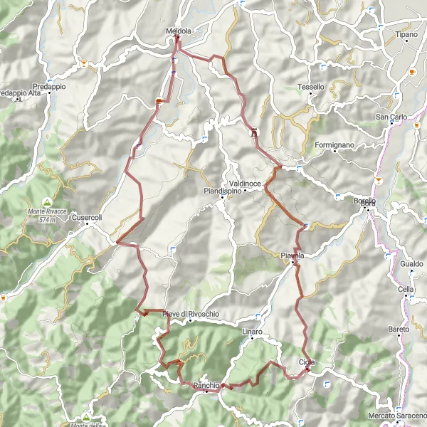 Kartminiatyr av "Mountainbiking i vildmarken" cykelinspiration i Emilia-Romagna, Italy. Genererad av Tarmacs.app cykelruttplanerare