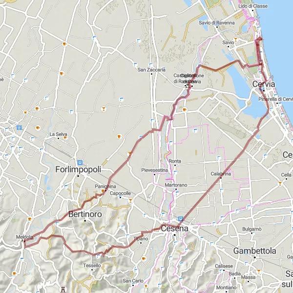 Kartminiatyr av "Spännande Graveläventyr runt Meldola" cykelinspiration i Emilia-Romagna, Italy. Genererad av Tarmacs.app cykelruttplanerare