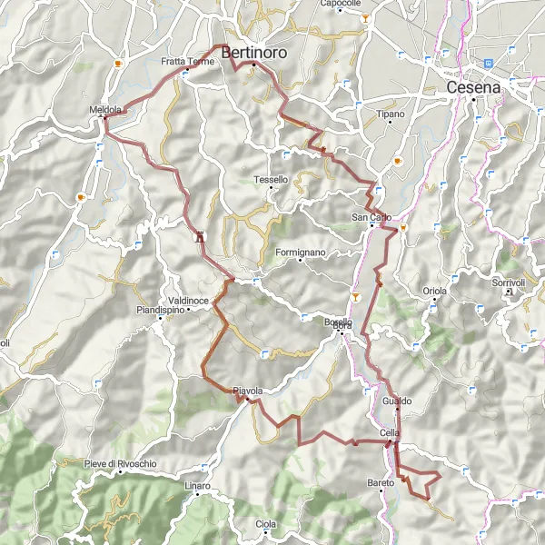 Map miniature of "Relaxing Gravel Ride with Thermal Baths" cycling inspiration in Emilia-Romagna, Italy. Generated by Tarmacs.app cycling route planner