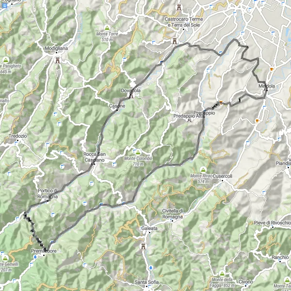 Map miniature of "Mountains and Medieval Towns" cycling inspiration in Emilia-Romagna, Italy. Generated by Tarmacs.app cycling route planner