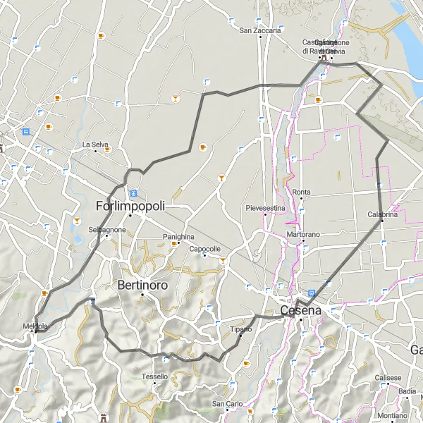 Miniatua del mapa de inspiración ciclista "Ruta de Rocca Caterina Sforza" en Emilia-Romagna, Italy. Generado por Tarmacs.app planificador de rutas ciclistas