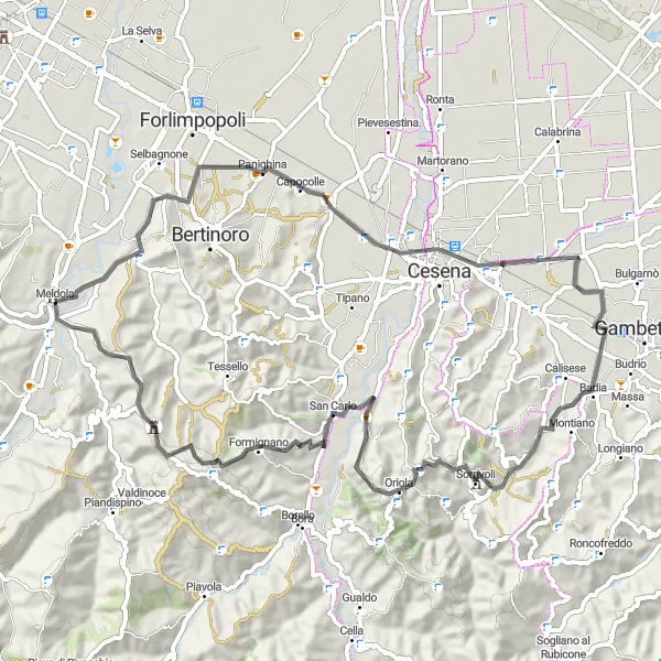 Miniaturní mapa "Rozmanitá cesta kolem Meldoly" inspirace pro cyklisty v oblasti Emilia-Romagna, Italy. Vytvořeno pomocí plánovače tras Tarmacs.app