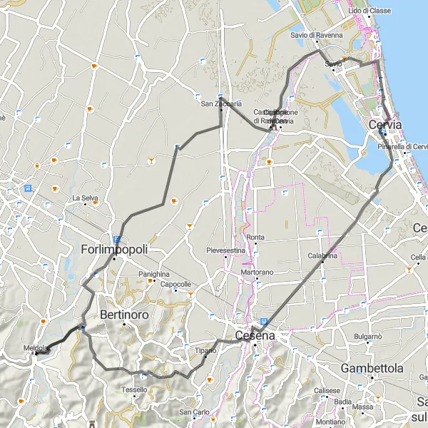 Map miniature of "Scenic Coastal Route" cycling inspiration in Emilia-Romagna, Italy. Generated by Tarmacs.app cycling route planner