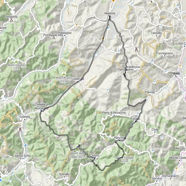 Kartminiatyr av "Kullar och ängar" cykelinspiration i Emilia-Romagna, Italy. Genererad av Tarmacs.app cykelruttplanerare